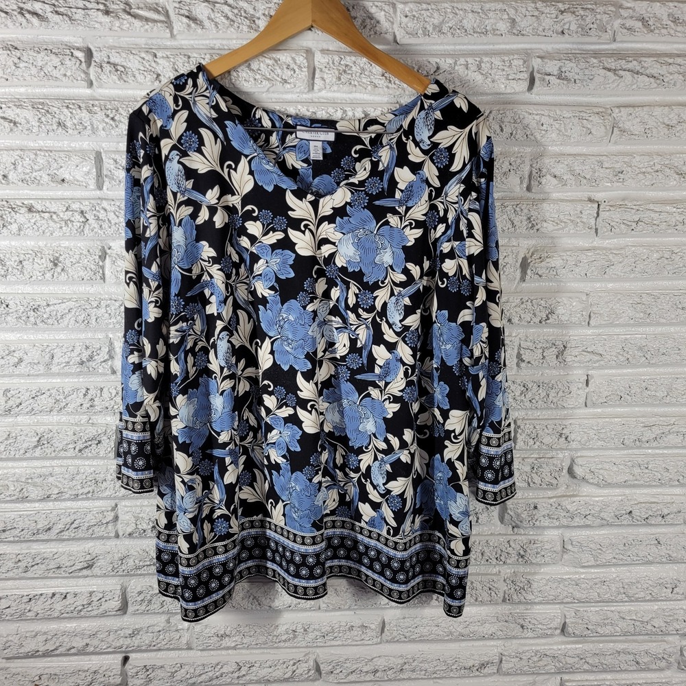 Charter Club Women Top 3X Plus Black Blue Floral V-Neck 3/4 Sleeve Stretch